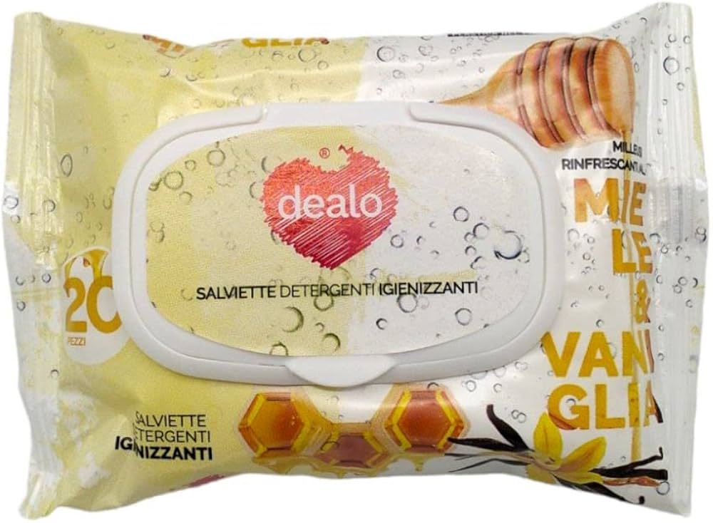 Dealo 5 confezioni di 20 Salviettine Detergenti Igienizzanti Ipoallergeniche al Miele e Vaniglia, per Mani e Viso