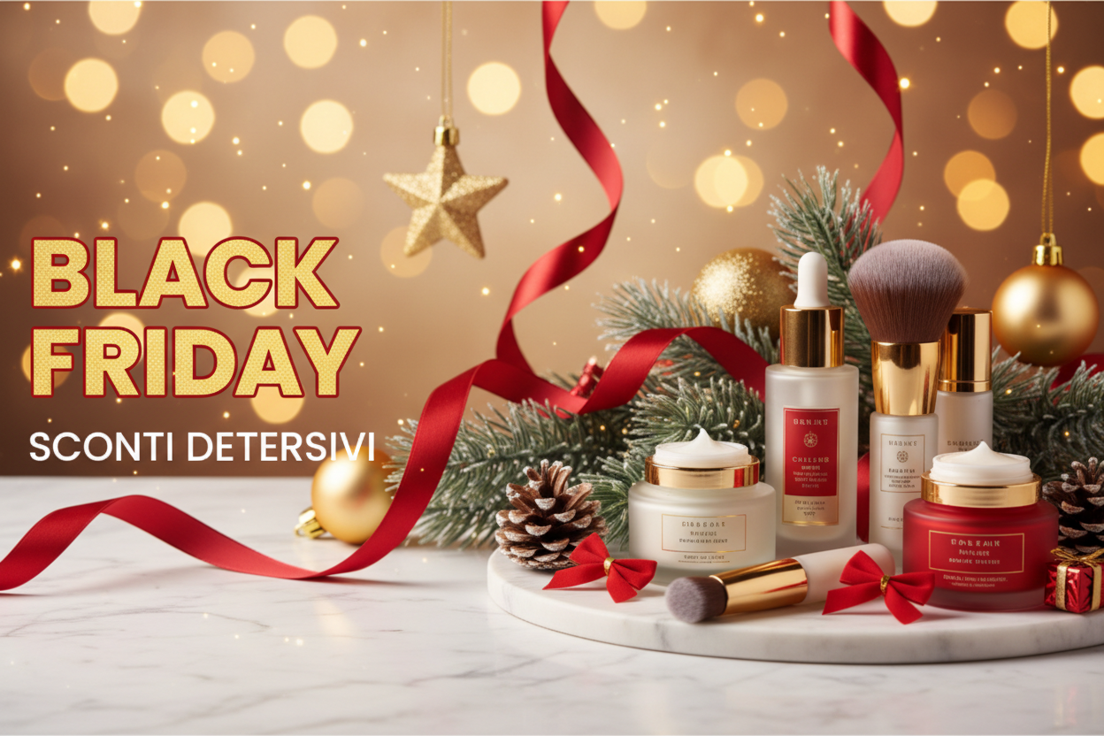 devi creare una foto per una hompage di un sito a tema natalizio e devi scrivere black friday e sconti sulla categoria detersivi